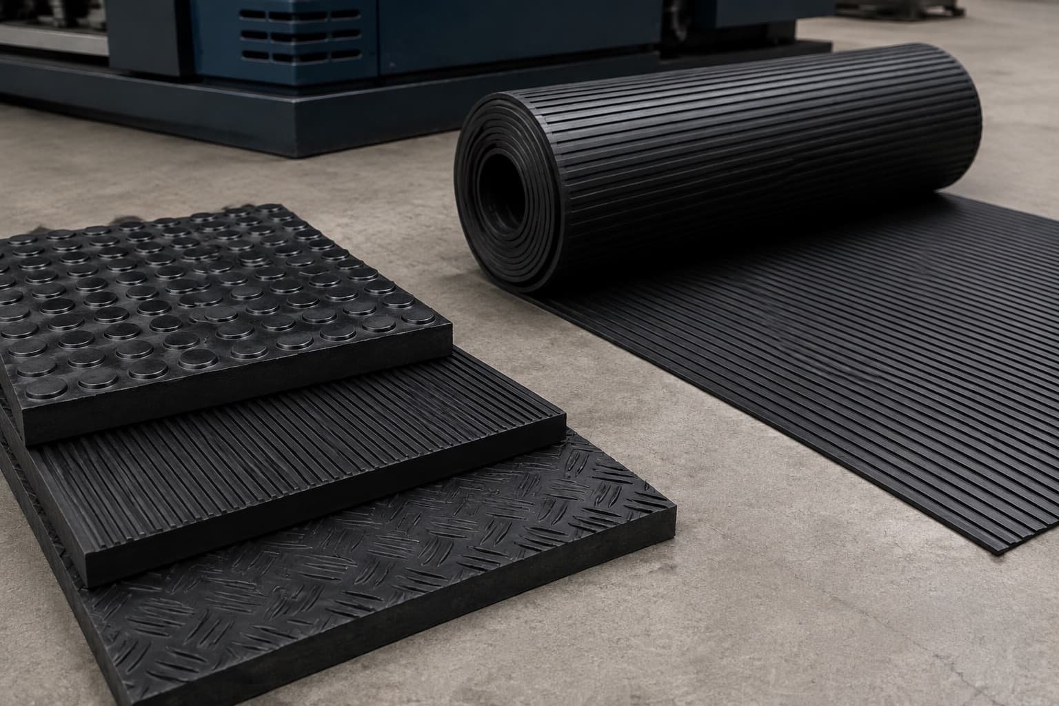 Rouleaux et échantillons de tapis en caoutchouc antidérapant pour sols industriels